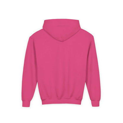 Back view of pink kids skateboard penguin sweatshirt child with hood and long sleeves