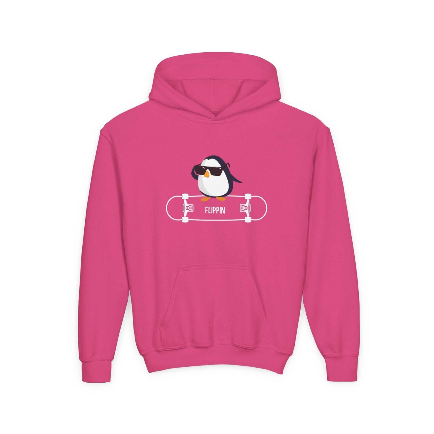 Pink skateboard penguin sweatshirt child with hood and kangaroo pocket from Printify kids clothes