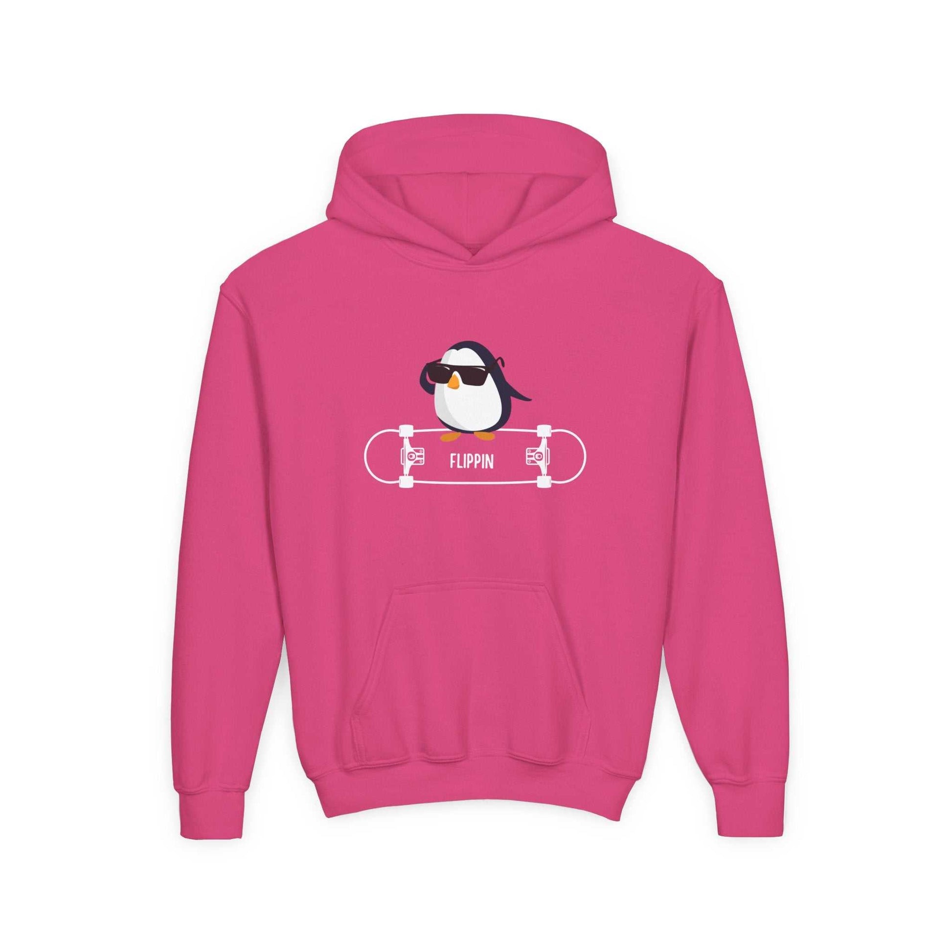 Pink skateboard penguin sweatshirt child with hood and kangaroo pocket from Printify kids clothes