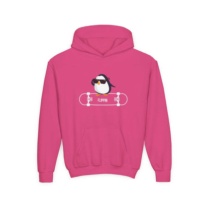 Pink skateboard penguin sweatshirt child with hood and kangaroo pocket from Printify kids clothes