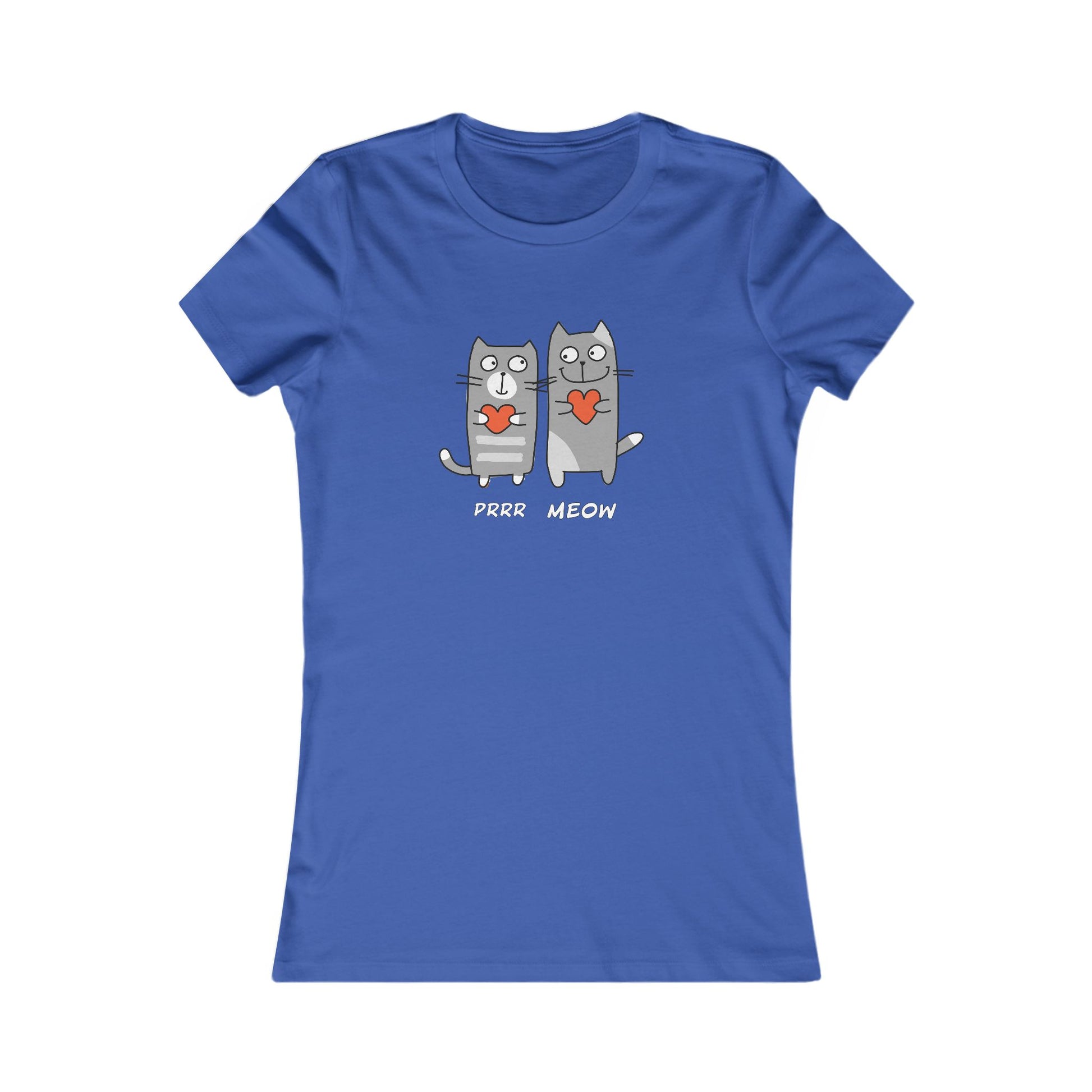 Blue Printify t-shirt with cute cartoon cats holding hearts and text Prrr meow shirt