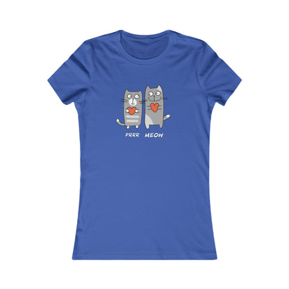 Blue Printify t-shirt with cute cartoon cats holding hearts and text Prrr meow shirt