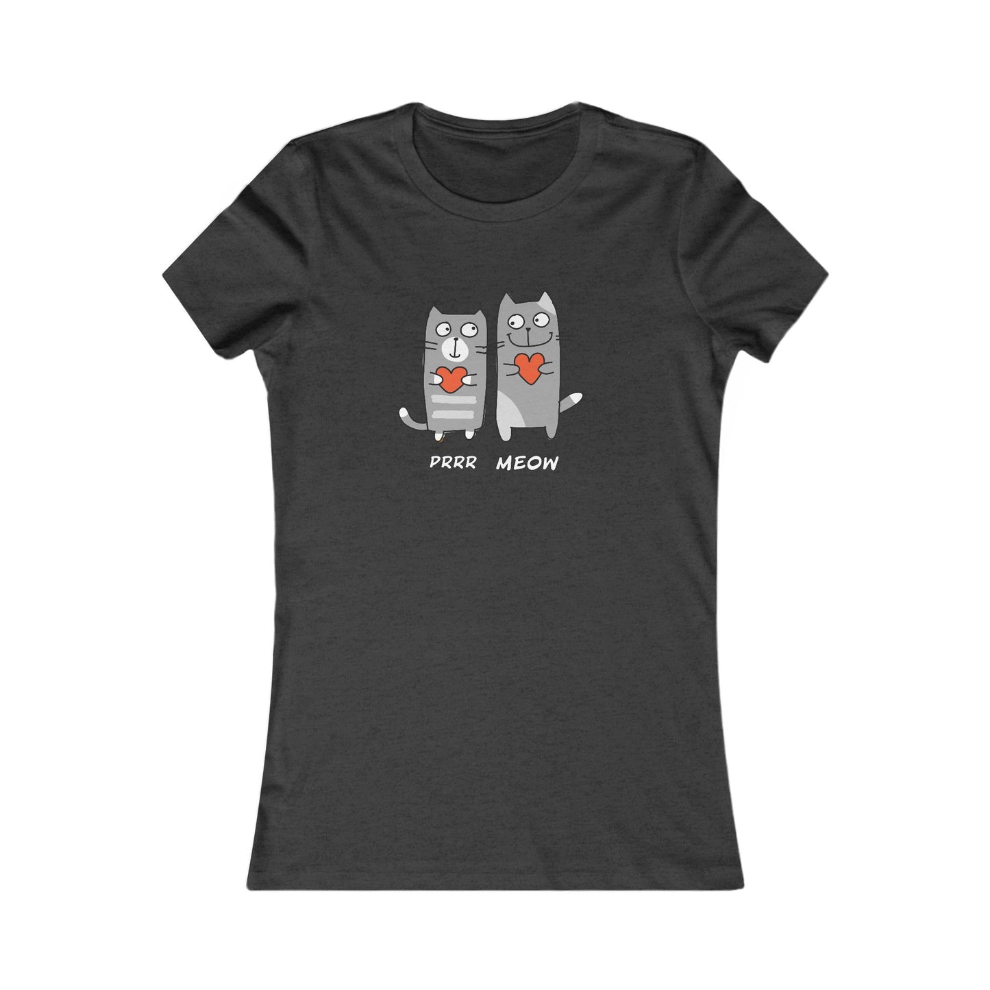 Black Printify Prrr meow shirt with two cartoon cats holding red hearts printed on front