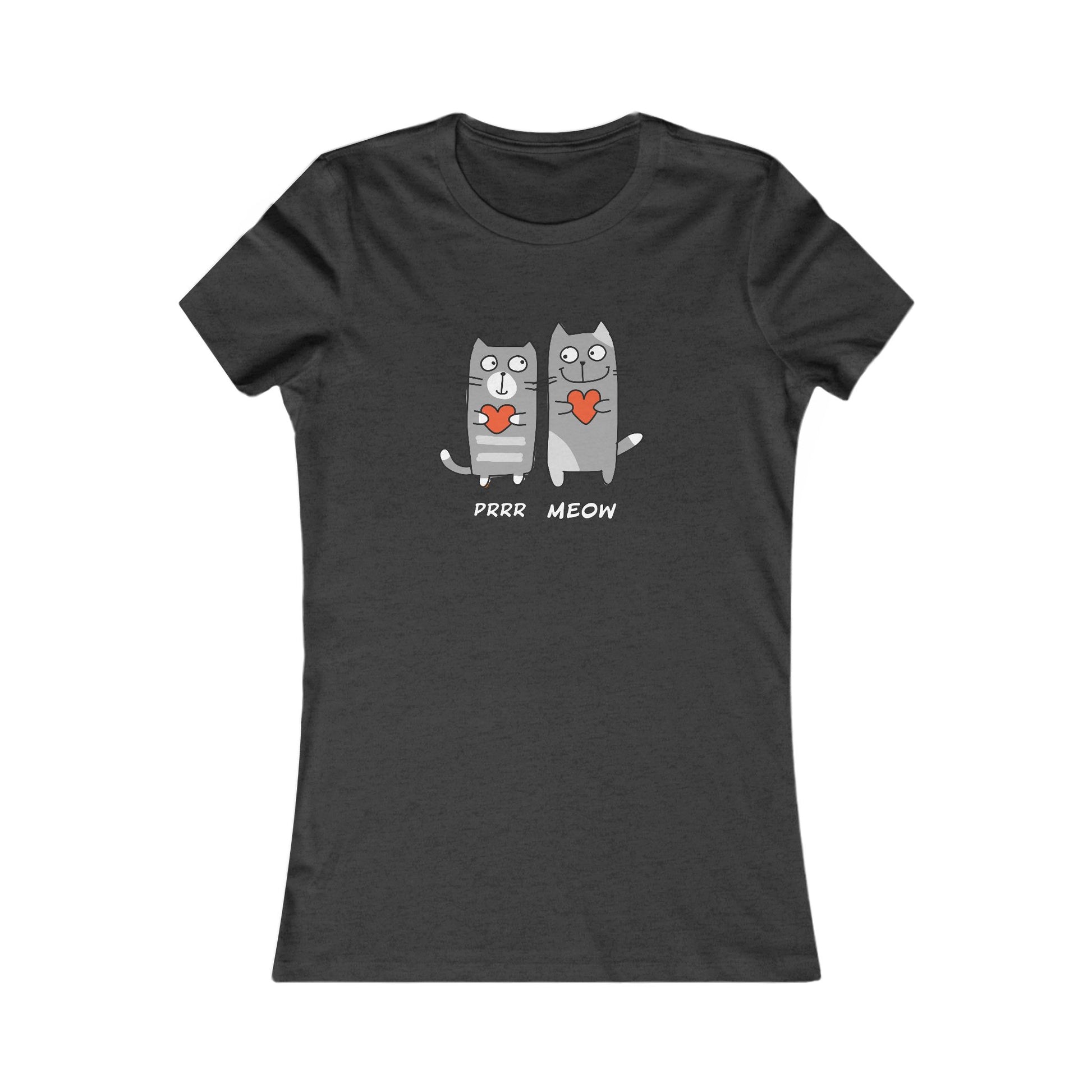 Black Printify Prrr meow shirt with two cartoon cats holding red hearts printed on front
