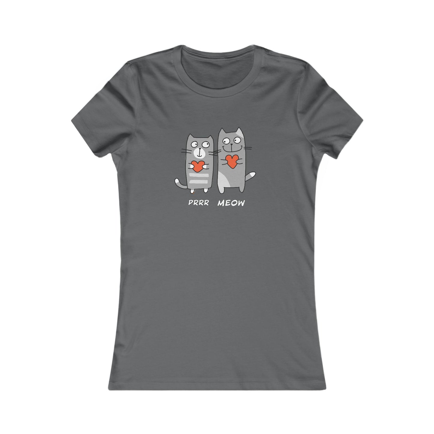 Gray Printify T-shirt with two cartoon cats holding red hearts and purr meow shirt text