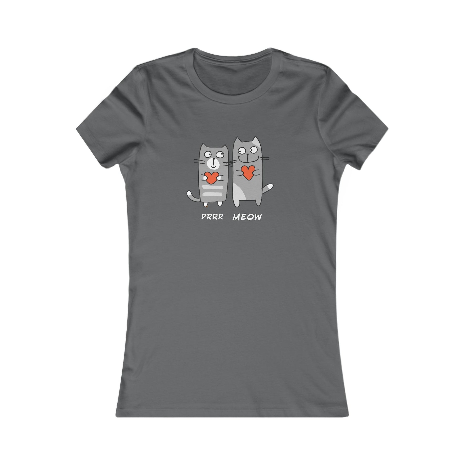 Gray Printify T-shirt with two cartoon cats holding red hearts and purr meow shirt text