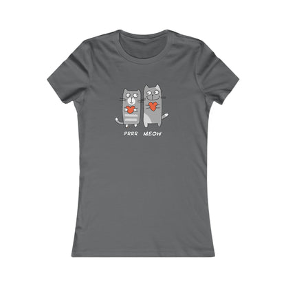 Gray Printify T-shirt with two cartoon cats holding red hearts and purr meow shirt text
