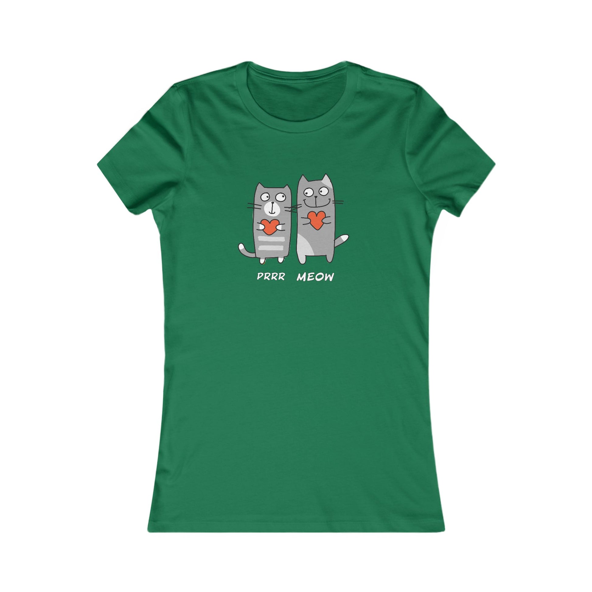 Green Printify t-shirt with cute cartoon cats holding hearts and text Prrr meow shirt