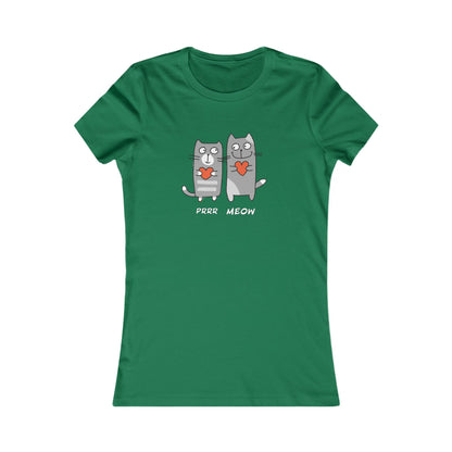 Green Printify t-shirt with cute cartoon cats holding hearts and text Prrr meow shirt
