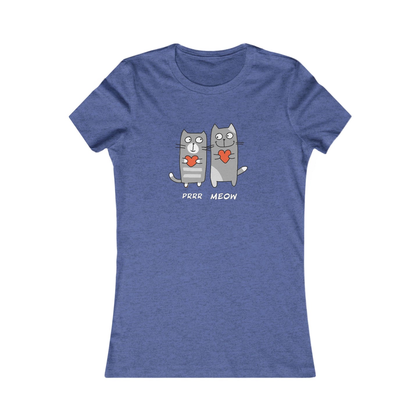 Blue Printify Prrr meow shirt with cute cartoon cats holding red hearts