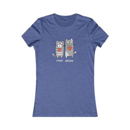 Blue Printify Prrr meow shirt with cute cartoon cats holding red hearts