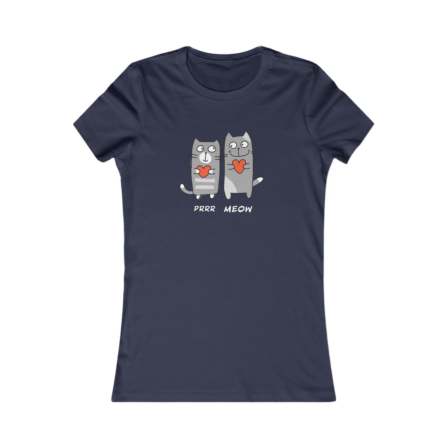 Navy Printify t-shirt with cute cartoon cats holding hearts and text Prrr meow shirt