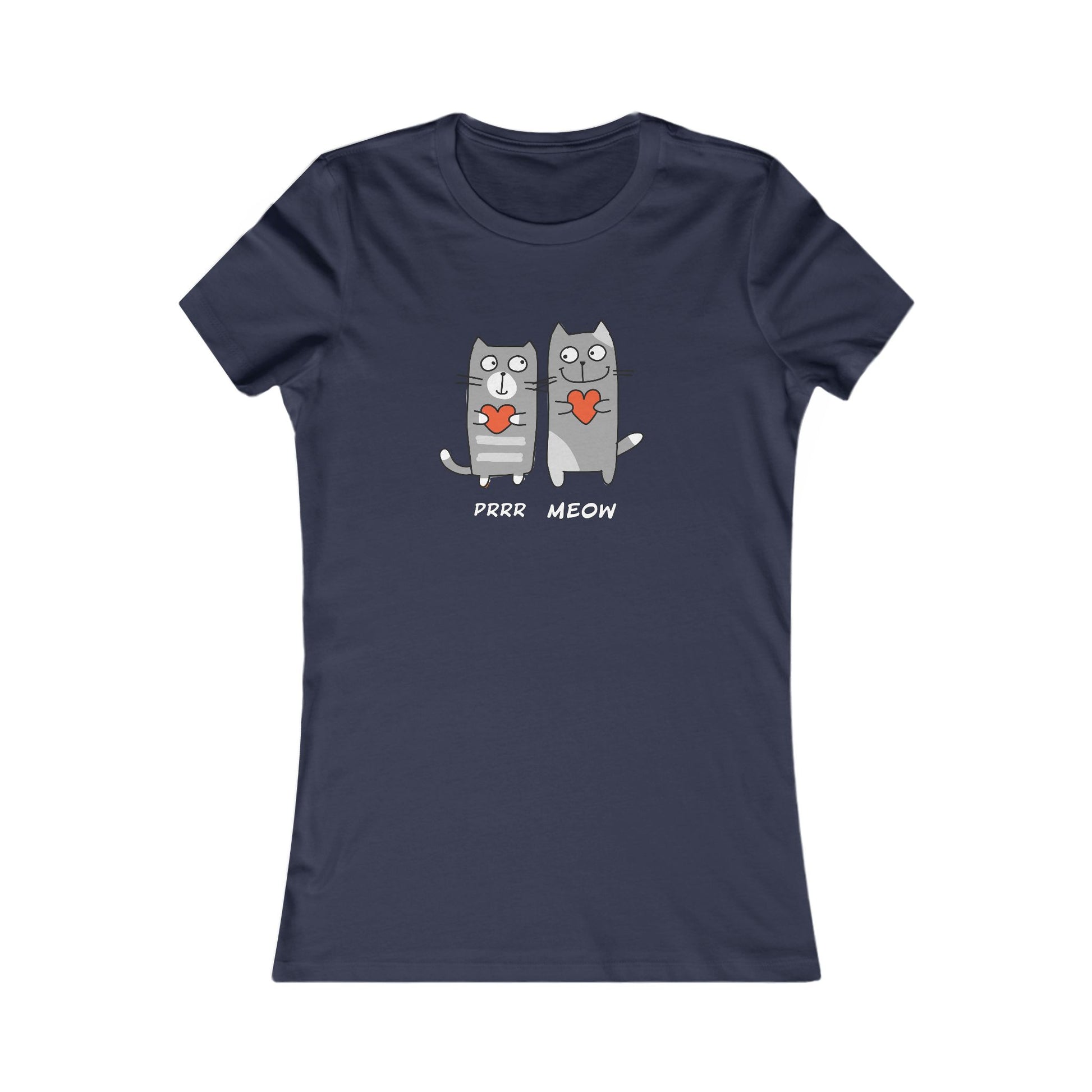 Navy Printify t-shirt with cute cartoon cats holding hearts and text Prrr meow shirt