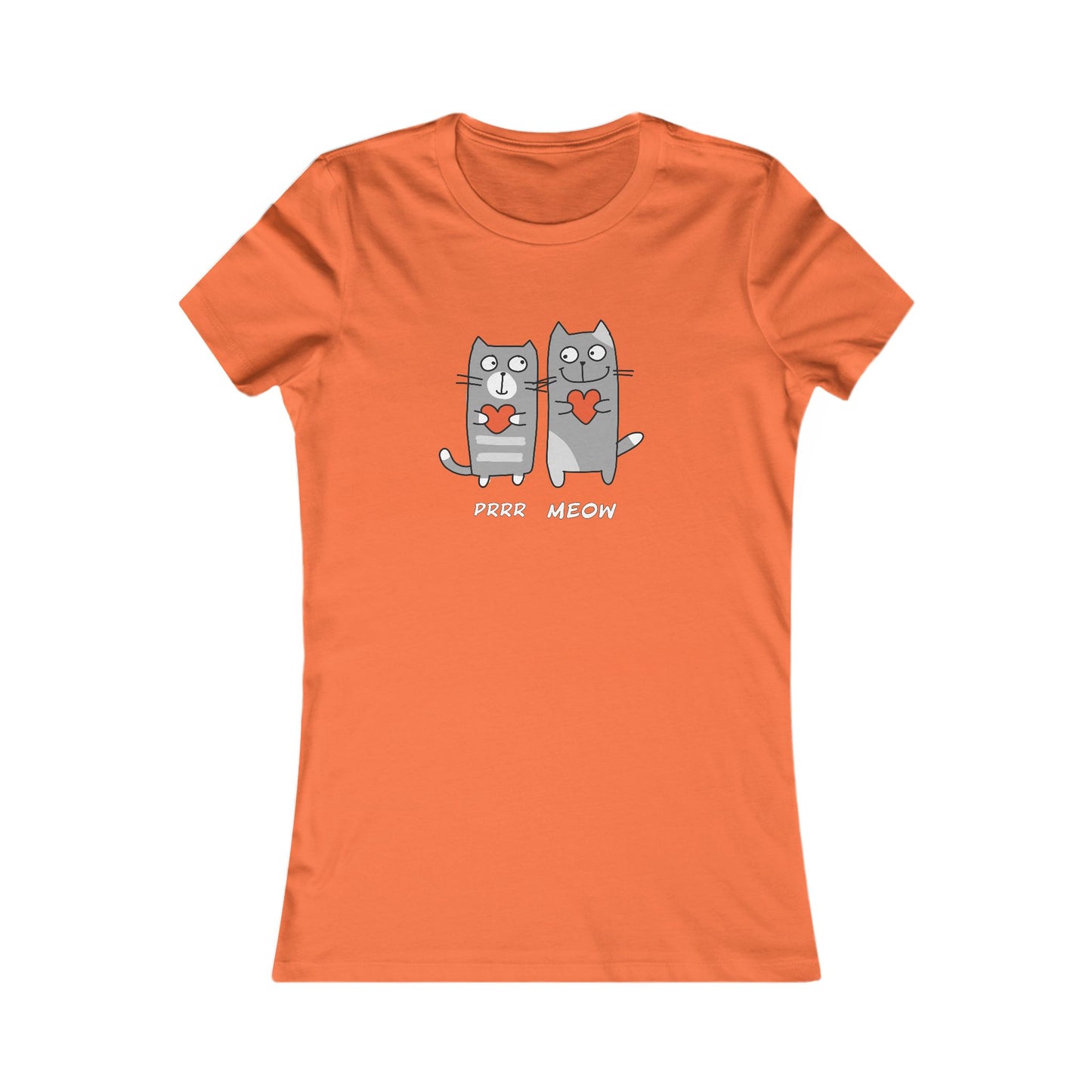 Orange Printify t-shirt featuring two gray cats holding hearts with text Prrr meow shirt