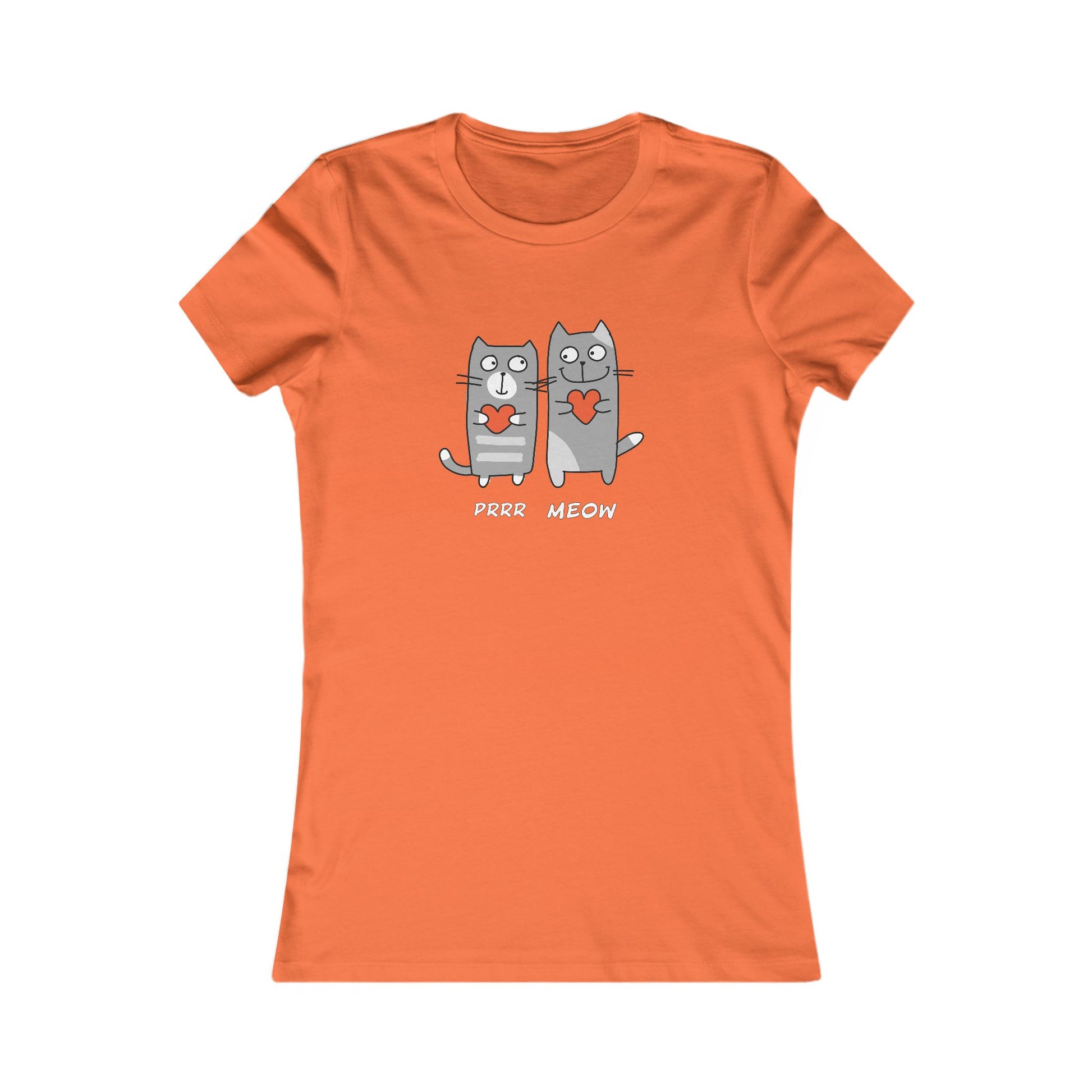 Orange Printify t-shirt featuring two gray cats holding hearts with text Prrr meow shirt