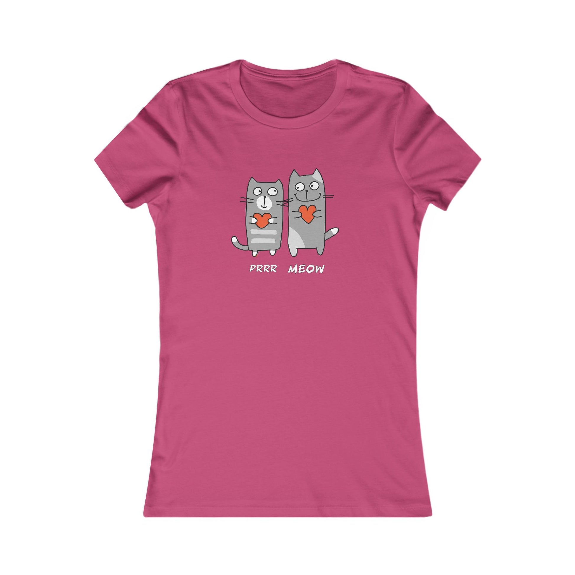Pink Printify T-Shirt with cute cartoon cats holding hearts and text Prrr meow shirt