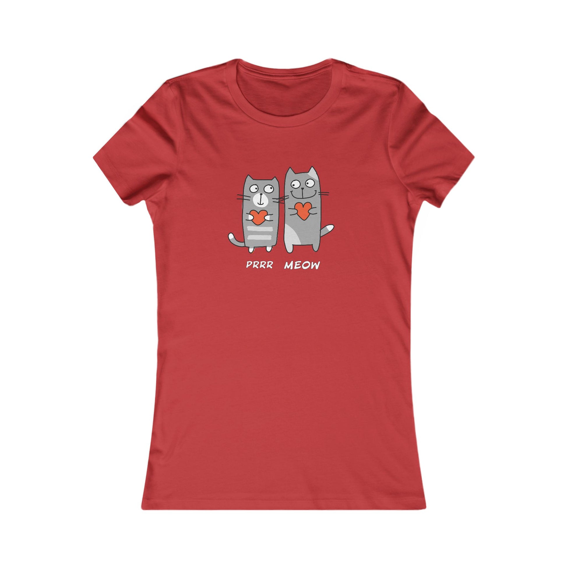 Red Printify T-shirt with cute cartoon cats and heart graphic with Prrr meow shirt text
