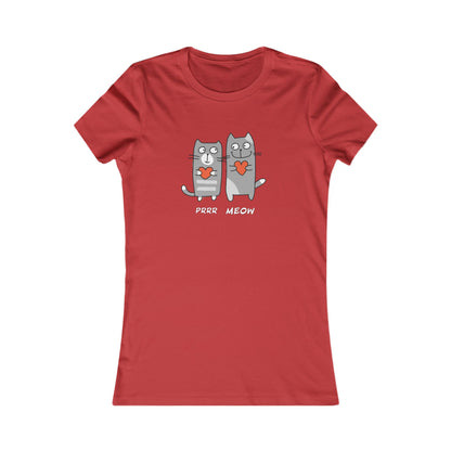 Red Printify T-shirt with cute cartoon cats and heart graphic with Prrr meow shirt text