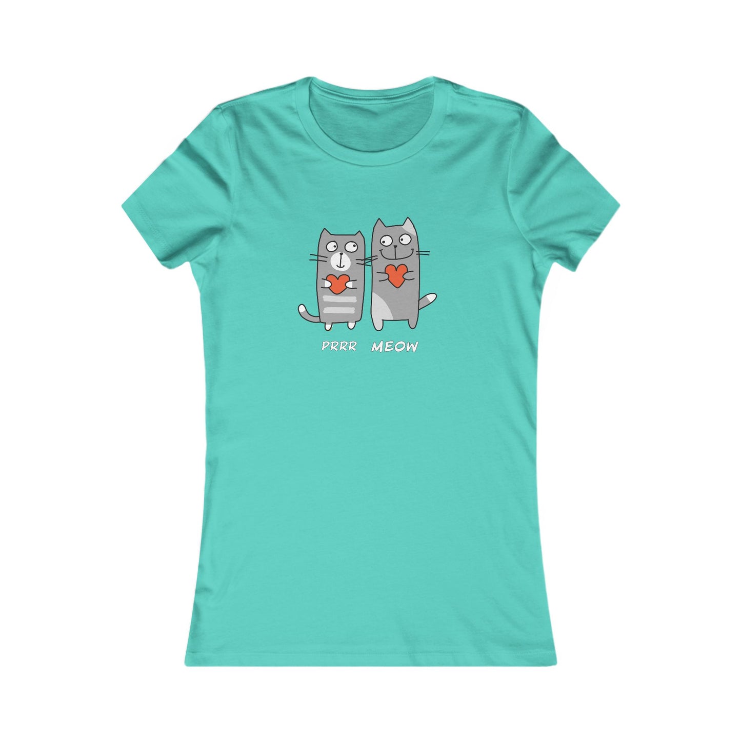 Turquoise Printify t-shirt featuring two gray cats holding hearts with purr meow shirt text