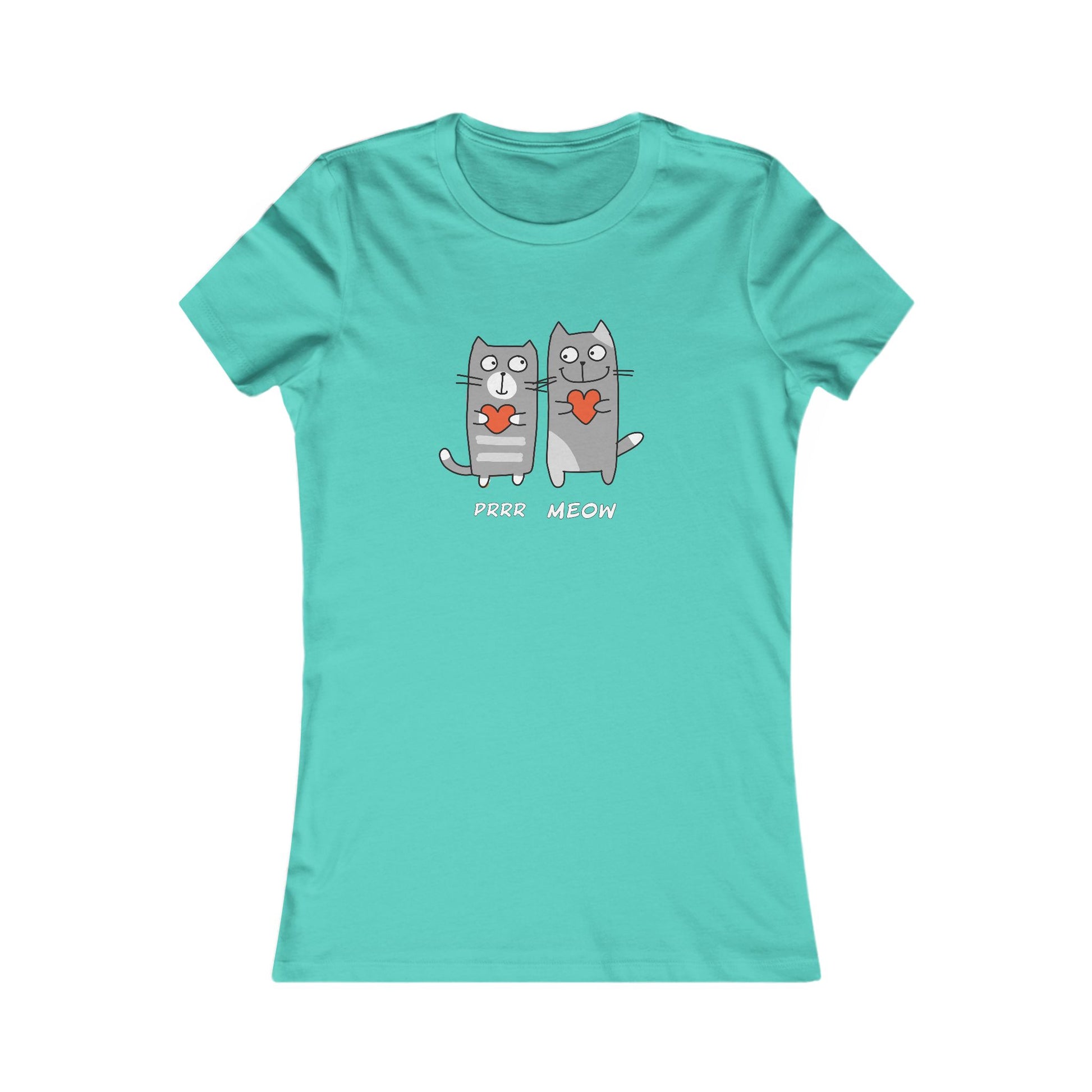 Turquoise Printify t-shirt featuring two gray cats holding hearts with purr meow shirt text