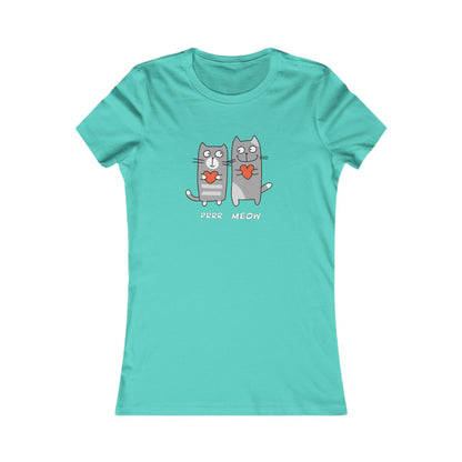 Turquoise Printify t-shirt featuring two gray cats holding hearts with purr meow shirt text