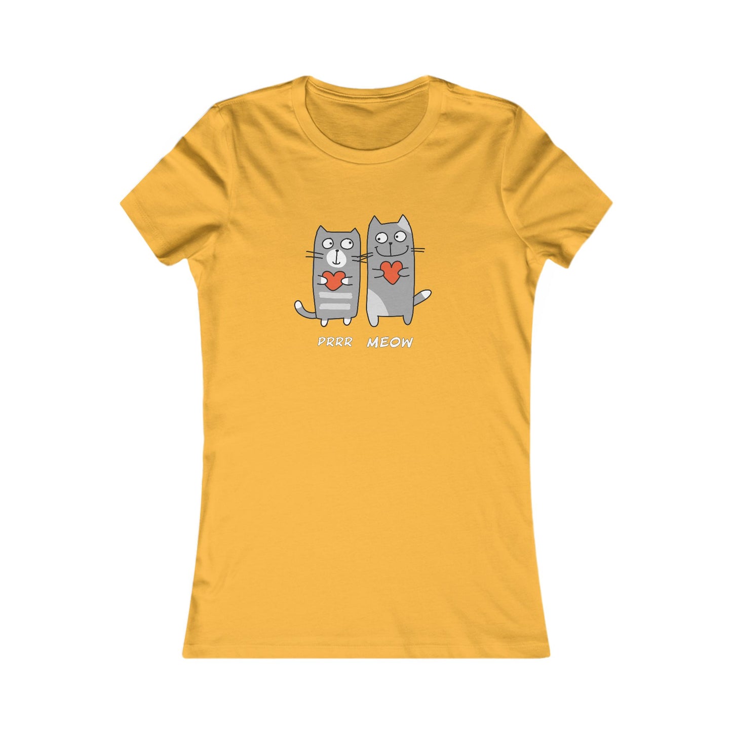 Yellow Printify t-shirt featuring two gray cats holding hearts with Prrr meow shirt text