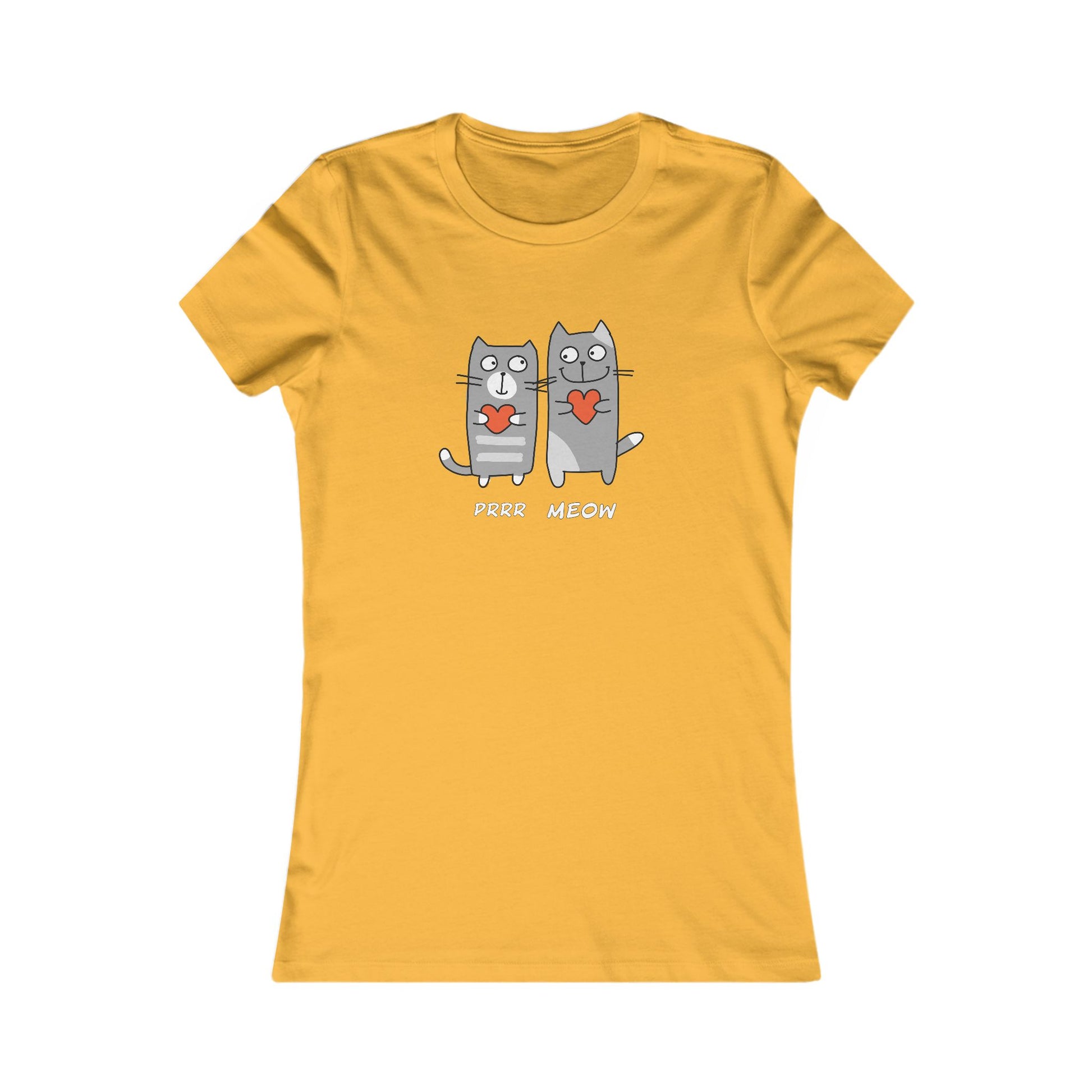 Yellow Printify t-shirt featuring two gray cats holding hearts with Prrr meow shirt text