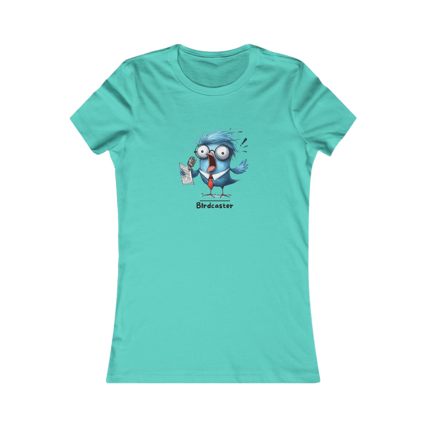 Printify turquoise t-shirt with a humorous bird cartoon and Birdcaster text punny animal shirts design