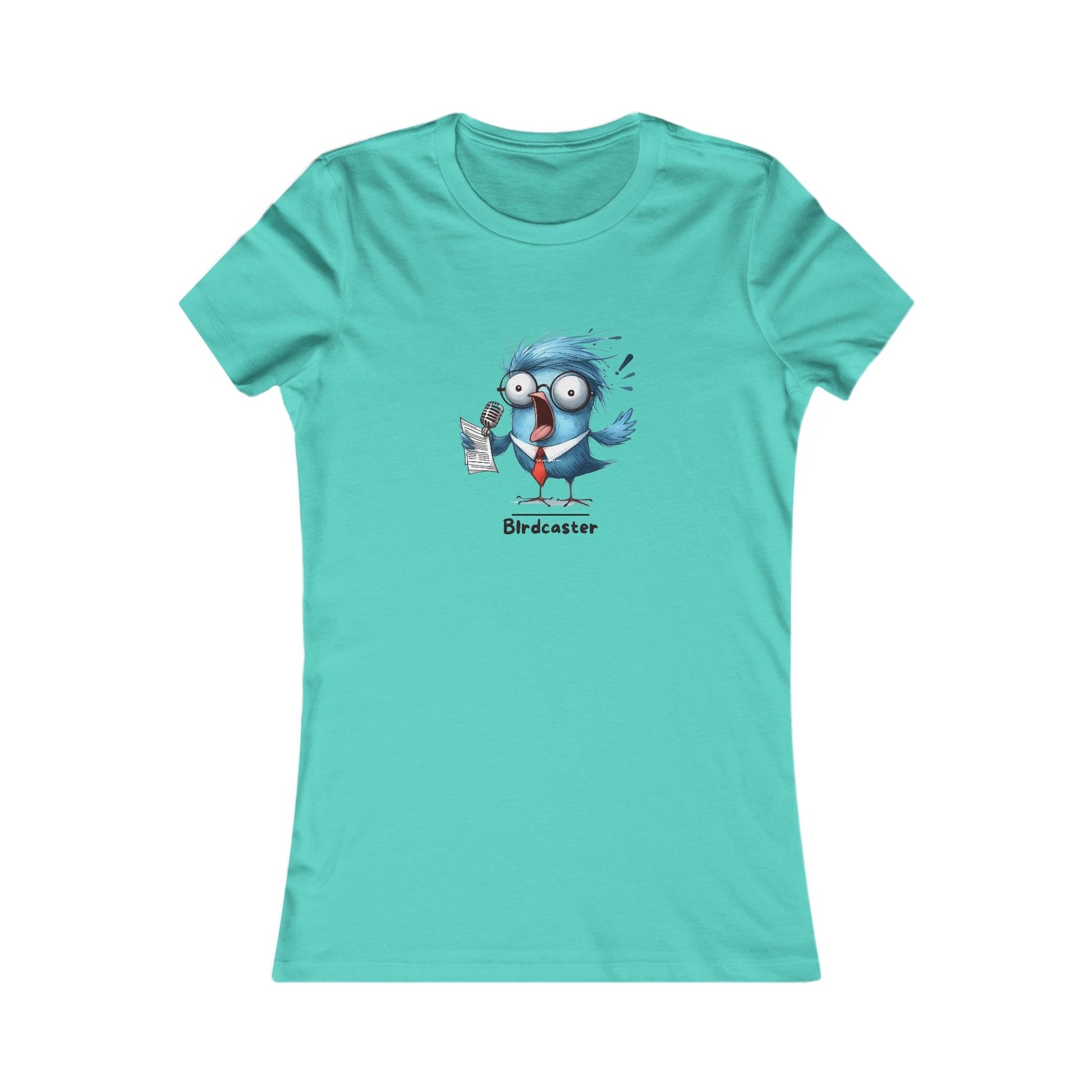 Printify turquoise t-shirt with a humorous bird cartoon and Birdcaster text punny animal shirts design