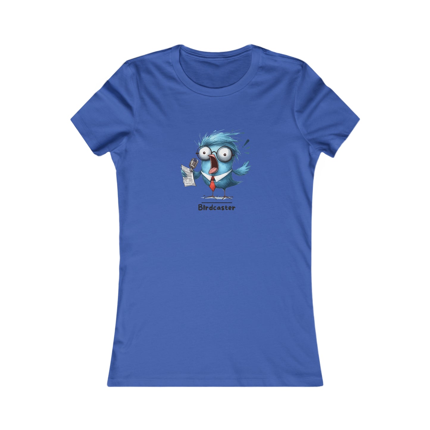 Blue Printify T-shirt featuring a funny cartoon bird character labeled Birdcaster punny animal shirts