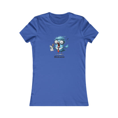 Blue Printify T-shirt featuring a funny cartoon bird character labeled Birdcaster punny animal shirts
