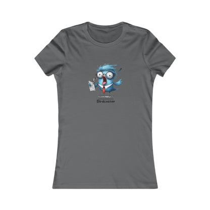 Gray Printify t-shirt with a cartoon blue bird wearing glasses and a tie reading a newspaper punny animal shirts