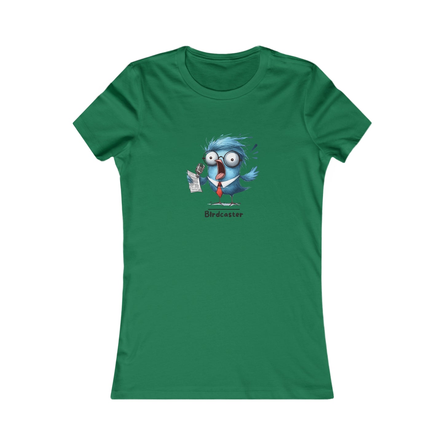 Green Printify T-shirt featuring a cartoon bird character with glasses and a microphone punny animal shirts design