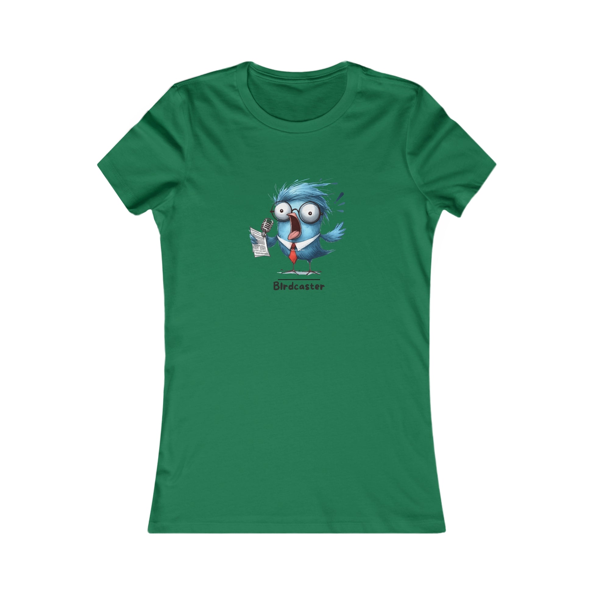 Green Printify T-shirt featuring a cartoon bird character with glasses and a microphone punny animal shirts design