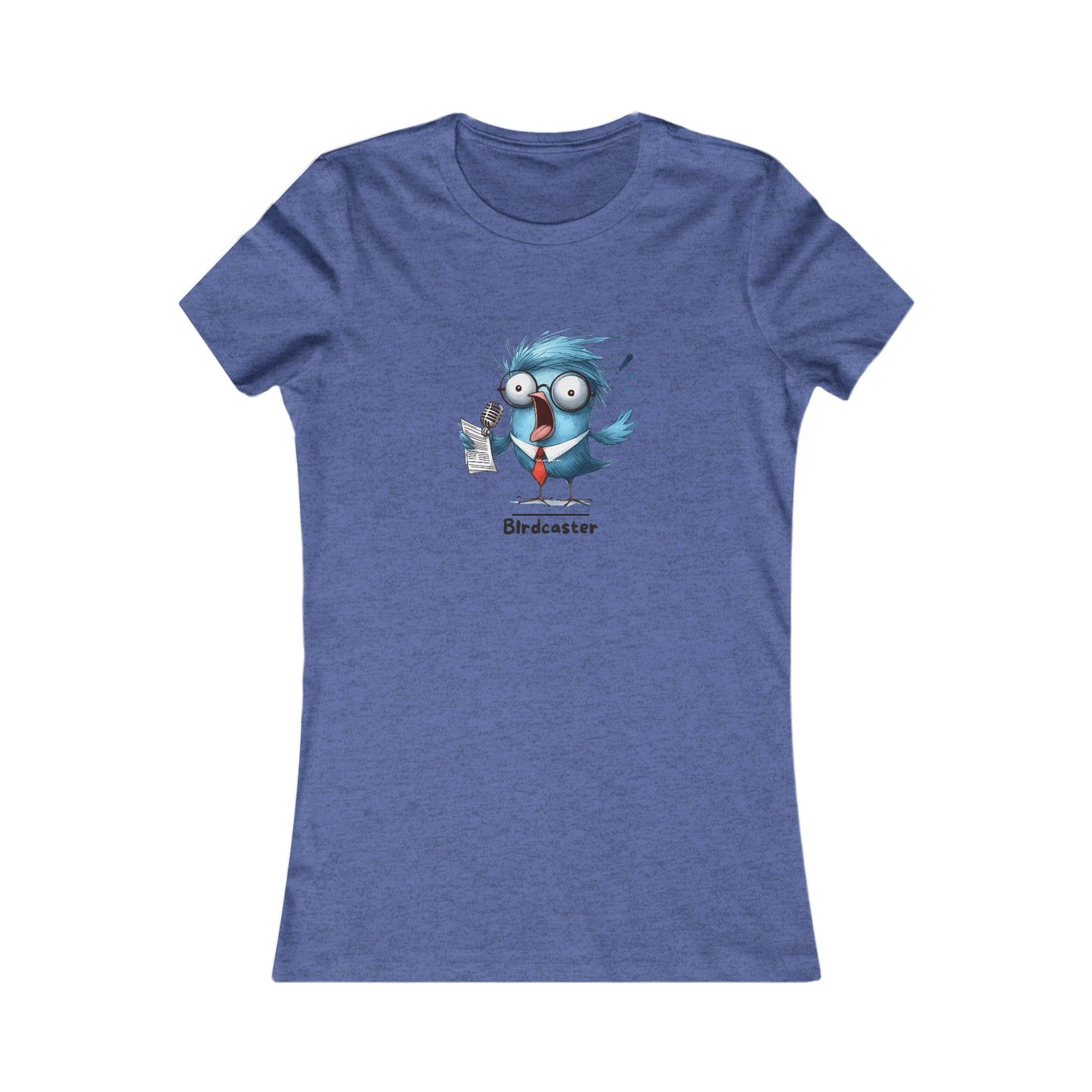 Printify blue T-shirt featuring a cartoon bird with glasses and a notepad, punny animal shirts design