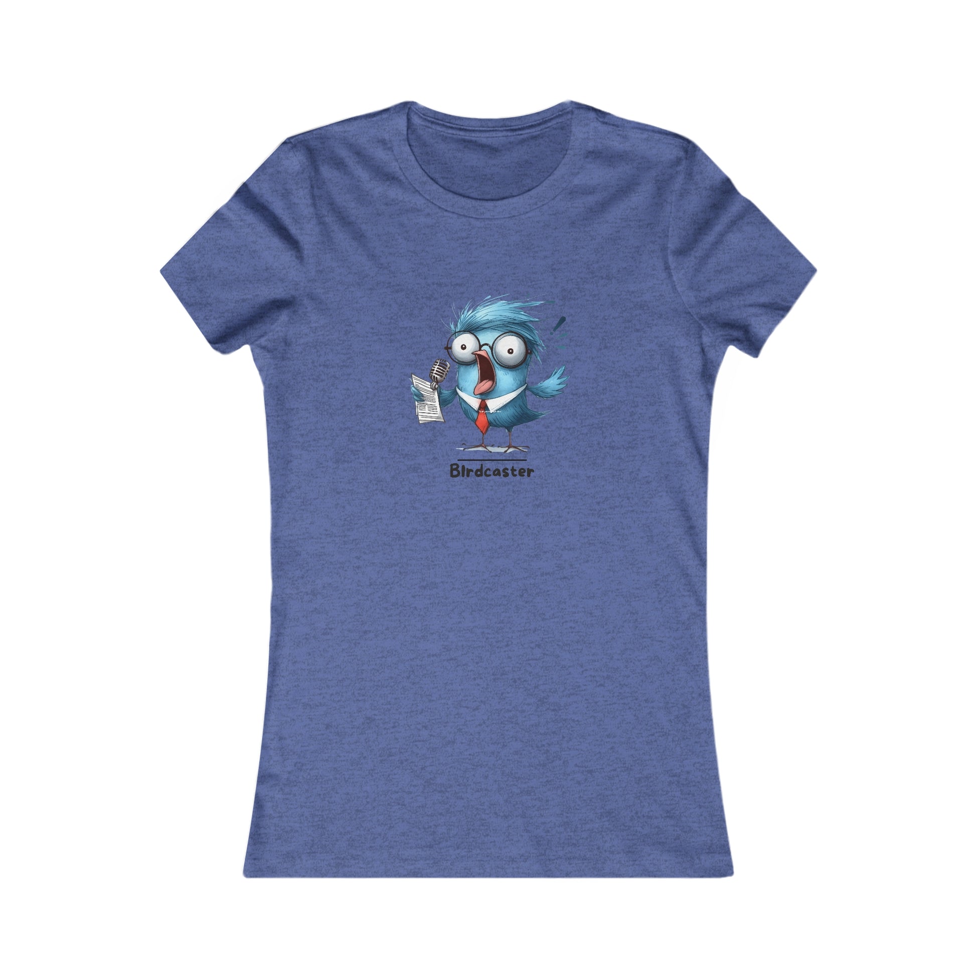 Printify blue T-shirt featuring a cartoon bird with glasses and a notepad, punny animal shirts design
