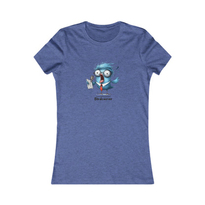 Printify blue T-shirt featuring a cartoon bird with glasses and a notepad, punny animal shirts design