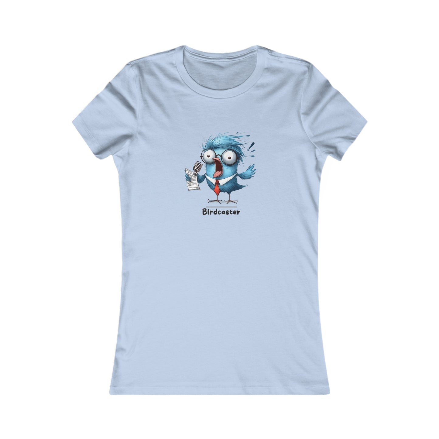 Light blue punny animal shirts T-shirt featuring a cartoon bird with microphone and headset by Printify