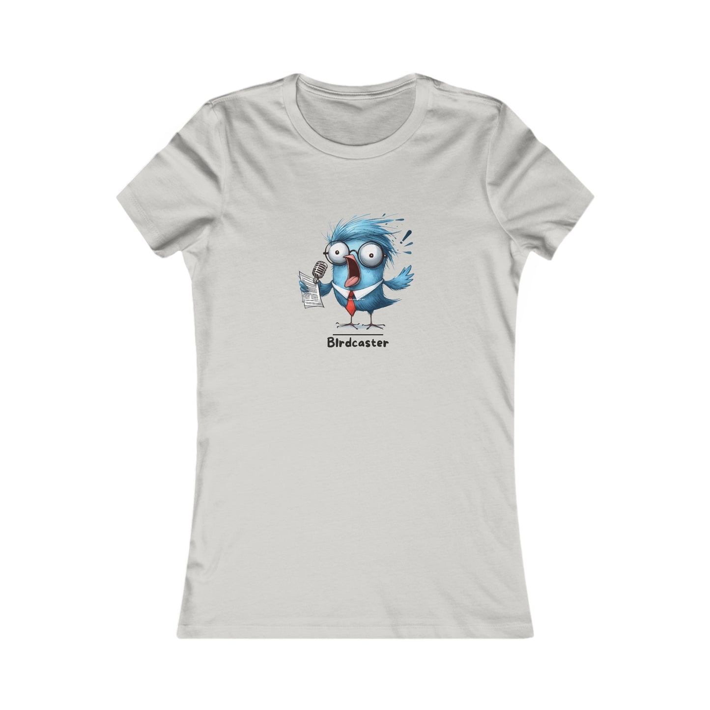 Printify white T-shirt featuring a funny blue bird character with a microphone and tie punny animal shirts