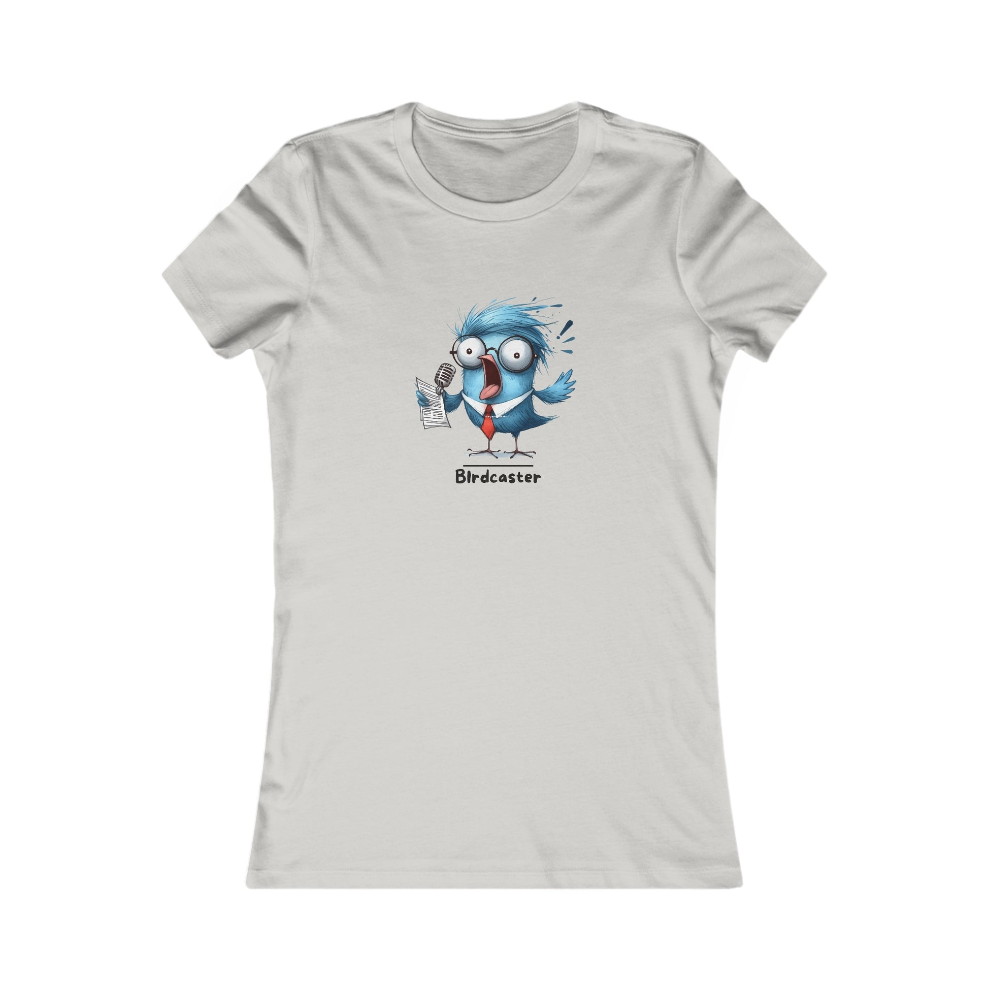 Printify white T-shirt featuring a funny blue bird character with a microphone and tie punny animal shirts