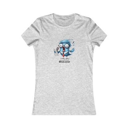 Printify gray t-shirt featuring a cartoon bird with a microphone and the text Birdcaster punny animal shirts