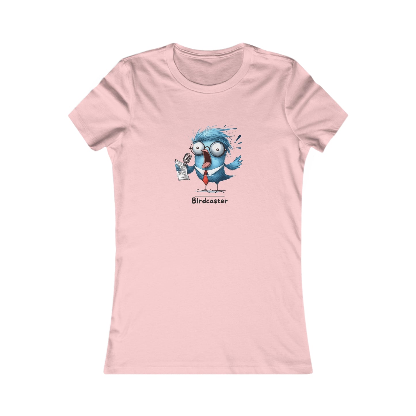 Pink Printify t-shirt with a blue bird cartoon and pun birdcaster text punny animal shirts