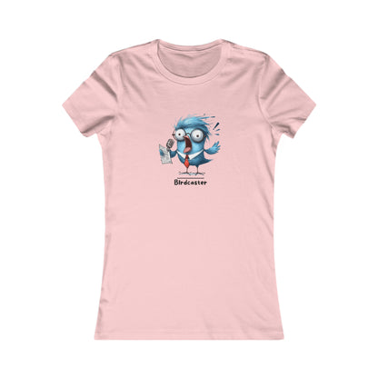 Pink Printify t-shirt with a blue bird cartoon and pun birdcaster text punny animal shirts