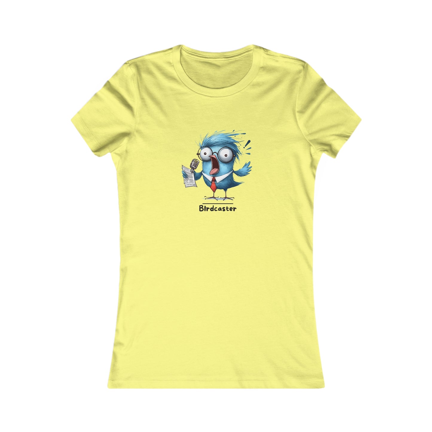 Yellow Printify t-shirt featuring a cartoon blue bird with a microphone punny animal shirts design