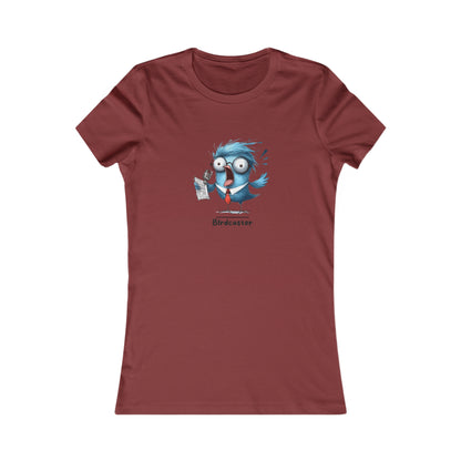 Printify maroon T-shirt with a funny blue bird holding a newspaper cartoon design punny animal shirts