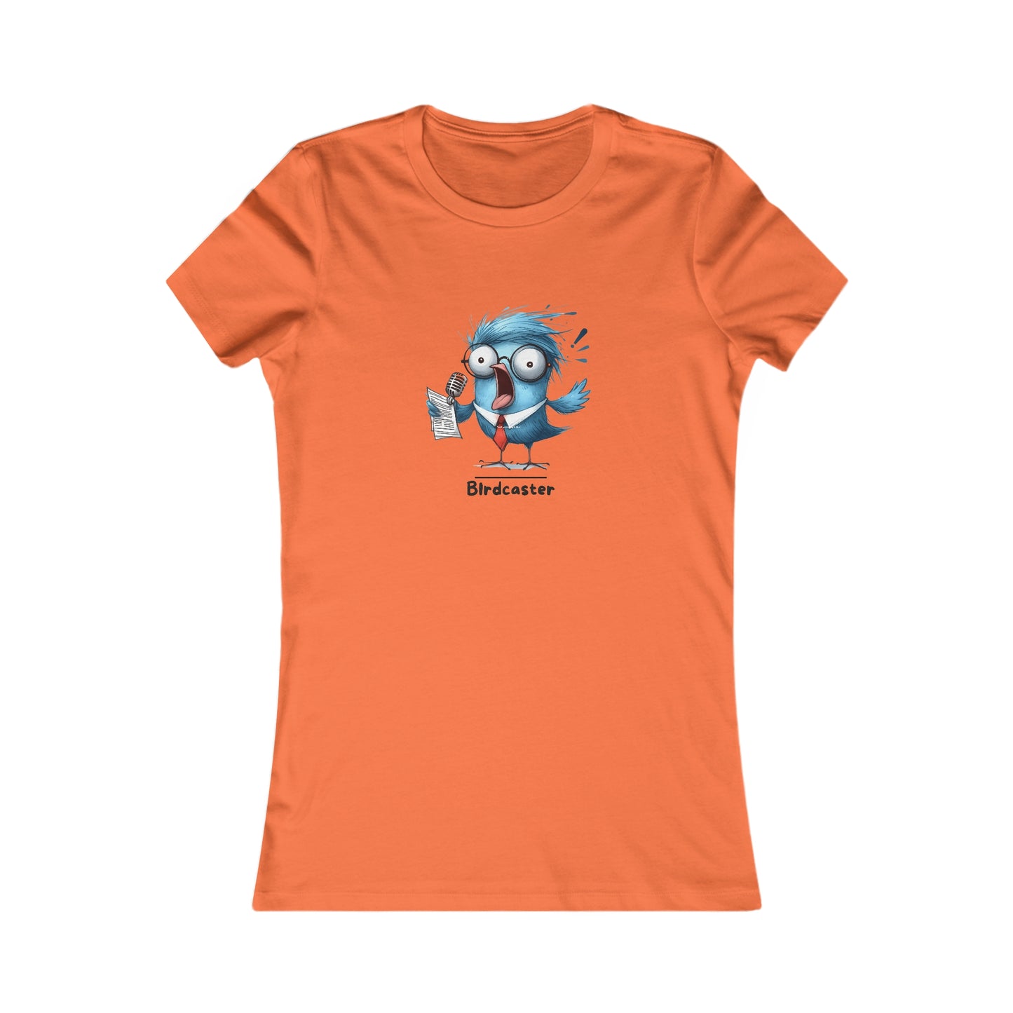 Orange Printify t-shirt with a punny animal shirts design featuring a blue bird holding a microphone and paper