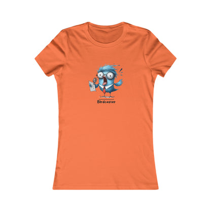 Orange Printify t-shirt with a punny animal shirts design featuring a blue bird holding a microphone and paper