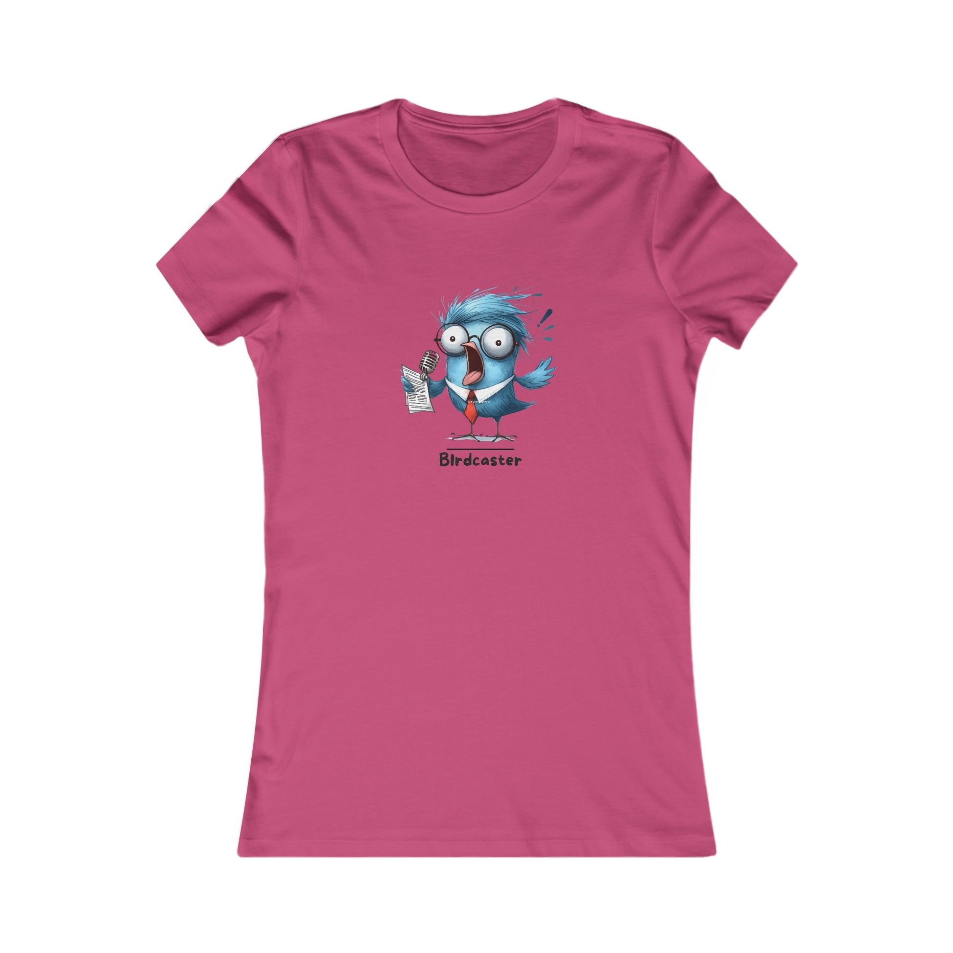 Pink T-shirt from Printify featuring a funny blue bird character with glasses and a newspaper punny animal shirts