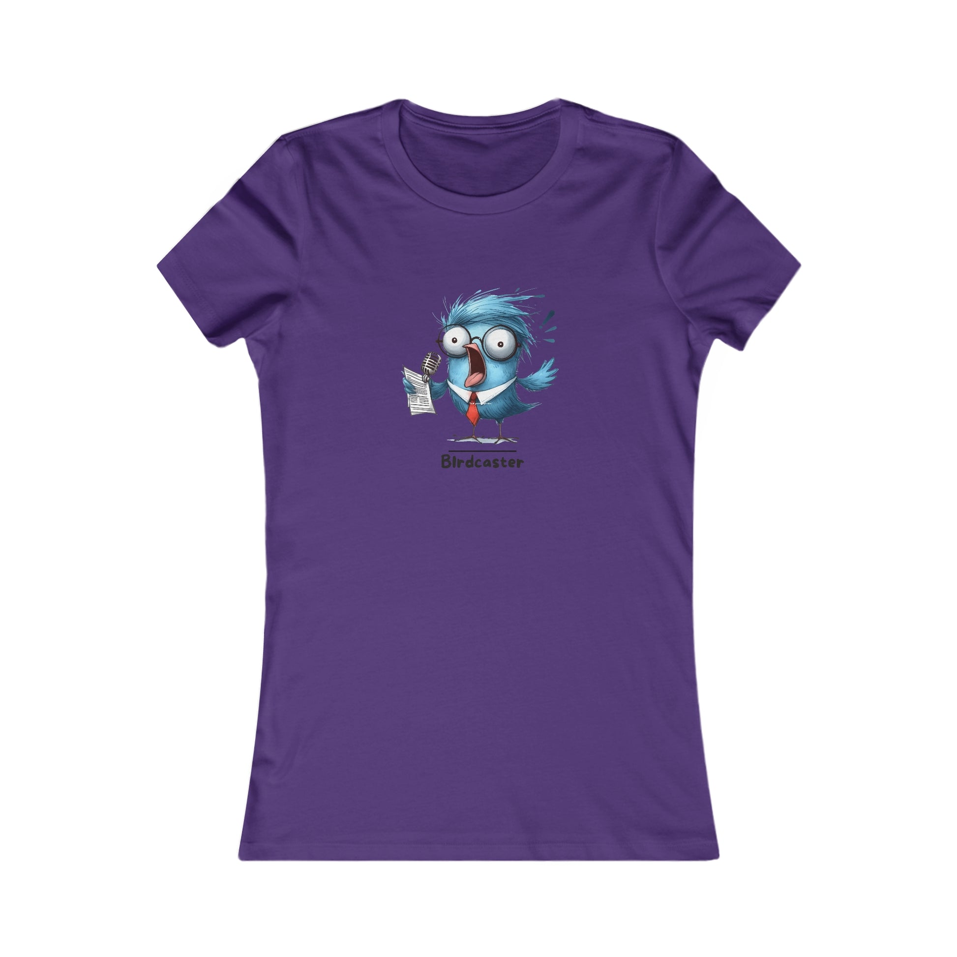 Purple Printify T-shirt with a funny cartoon bird character reading news punny animal shirts design