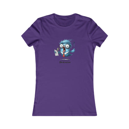 Purple Printify T-shirt with a funny cartoon bird character reading news punny animal shirts design